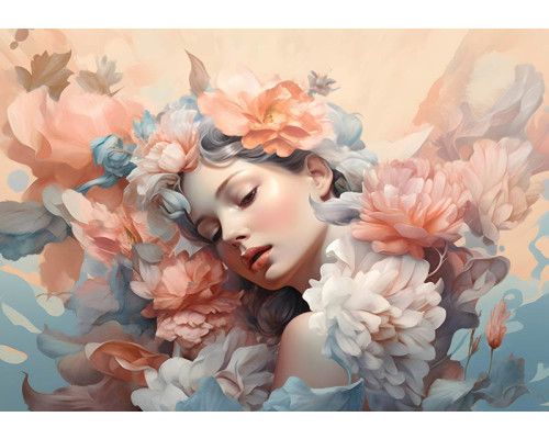Pastelkleurige bloemenpracht met een elegante vrouw, sfeervol weergegeven op een kunstzinnig fotobehang.