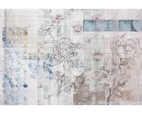 Retro fotobehang met patches, kleurrijke patronen en abstracte vormen die een vintage uitstraling geven.