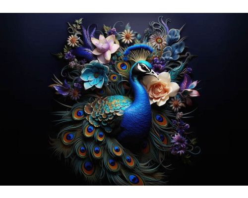 Fotobehang van een pauw en kleurrijke bloemen op een diep zwarte achtergrond.