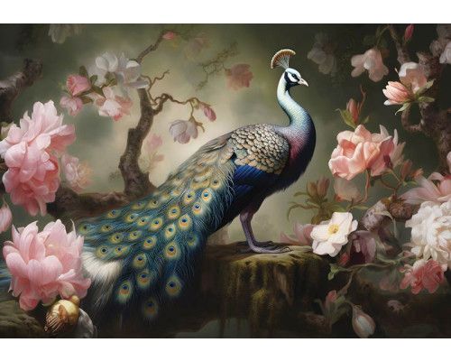 Fotobehang van een pauw te midden van een droomachtig bloemenlandschap, waarin de pauw prachtig opvalt.