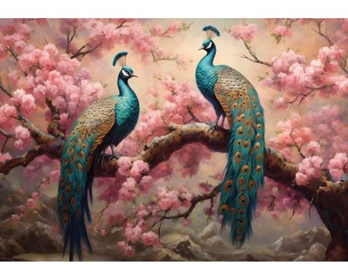 Pauwen afgebeeld op bloeiende kersenbloesem takken, een kunstzinnig fotobehang met bloemenpracht.