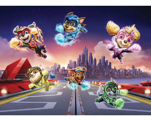 Een fotobehang met Paw Patrol superhelden, waarin Chase, Marshall, Skye en hun vrienden in hun stoere superheldenkostuums klaarstaan voor actie in een kleurrijke setting.