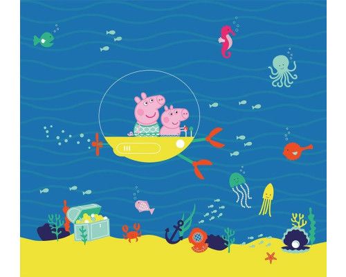 Fotobehang met Peppa Pig en George die varen in hun onderzeeër diep onder water, omringd door kleurrijke vissen en zeedieren.