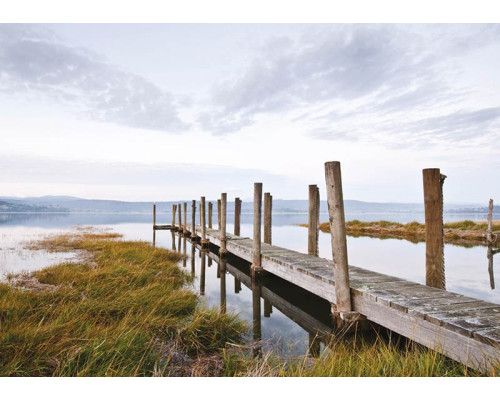 Fotobehang van een pier aan een meer, serene natuurlijke omgeving.
