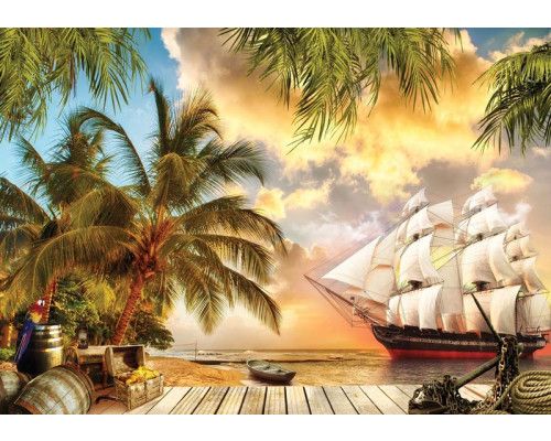 Fotobehang van een pirateneiland met een schip, een schatkaart en een verborgen piratenschat, ideaal voor een avontuurlijke uitstraling.