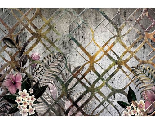 Fotobehang van planten met gouden ornamenten en bloemen, sierplanten in abstract design.