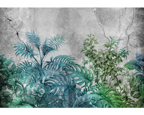 Fotobehang planten op beton, groene jungle tegen een industriële achtergrond.