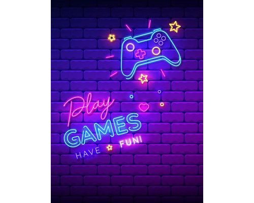 Fotobehang met heldere neon letters en een gamecontroller, ontworpen voor een speelse gameroom. De felle kleuren en gaming-symbolen maken het een perfecte aanvulling voor elke game-omgeving.