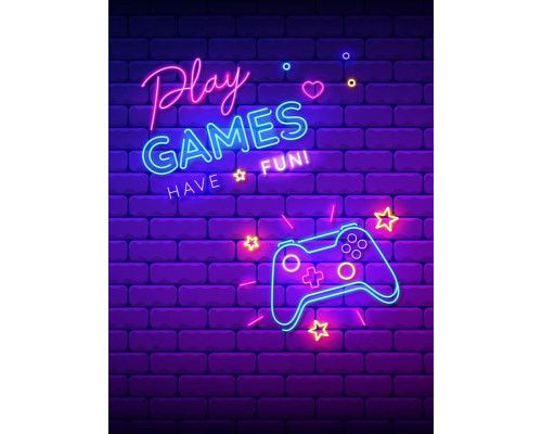 Een paars fotobehang met neon letters die het woord "play games" vormen, naast een gamecontroller. Dit ontwerp is ideaal voor de ultieme gamekamer inrichting met opvallende neonverlichting.