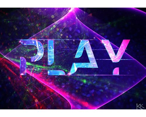 Fotobehang met het woord Play in grote letters, omringd door paarse neonkleuren en een futuristische gloed.