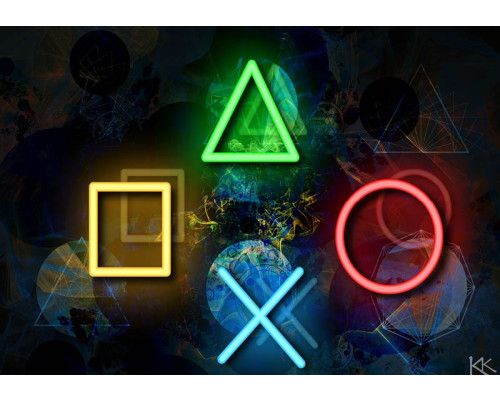 Fotobehang met neonverlichte PlayStation-symbolen in een ruitvorm op een donkere achtergrond.