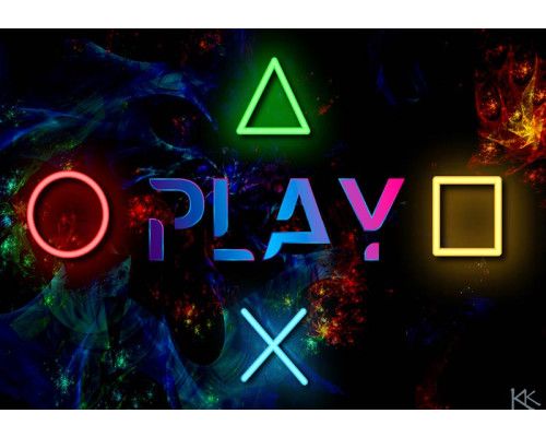 Fotobehang met het woord Play in het midden en neonverlichte PlayStation-symbolen in een ruitvorm op een galactische achtergrond.