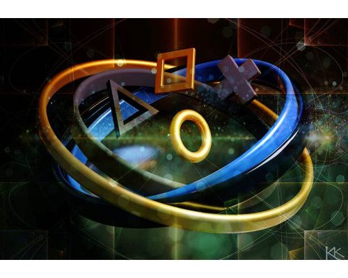 Fotobehang met de PlayStation-symbolen in het midden van drie ringen, geplaatst in een futuristisch universum.