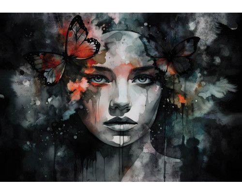 Portret van vrouwelijke elegantie en dromen met vlinders, sfeervol weergegeven op een kunstzinnig fotobehang.