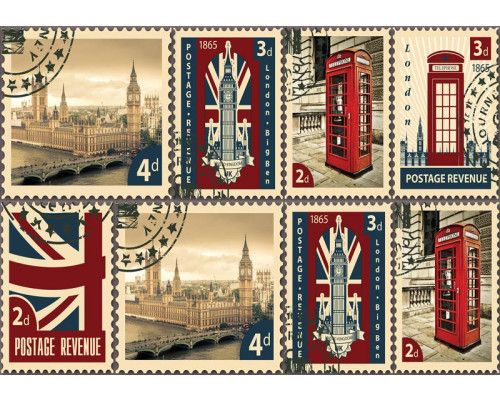 Fotobehang van een postzegelcollage uit Londen, met iconische stadsbeelden in vliesbehangstijl.