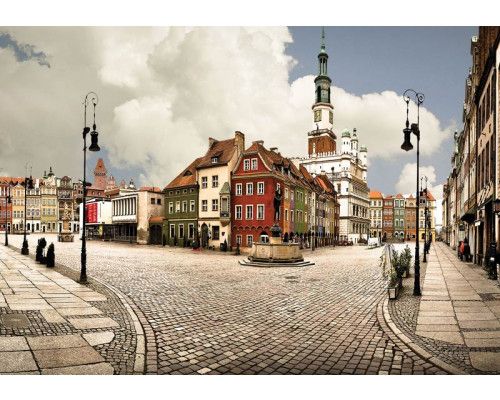 Poznan panorama, fotobehang met een weergave van Poolse monumenten en gebouwen, ideaal voor een stedelijke ruimte.