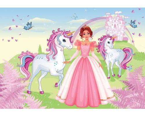 Fotobehang van een prinses met unicorns en een kasteel, sprookjesachtig en magisch.