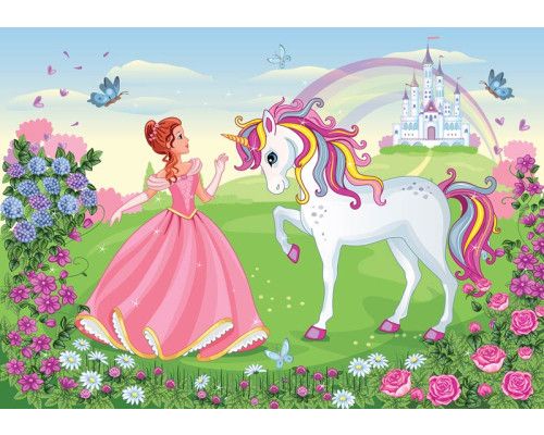 Fotobehang van een prinses met een eenhoorn in een sprookjeskasteel.