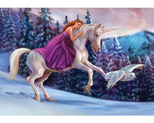Fotobehang van een prinses op haar unicorn, winterbos met een uil, voor kinderen.