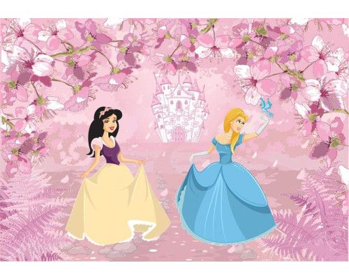 Fotobehang van een sprookjeskasteel met prinsessen, magisch en kleurrijk.