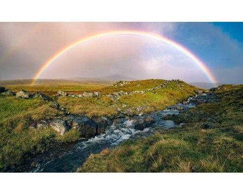 Regenboog eiland Vagar landschap fotobehang, met een betoverend uitzicht.