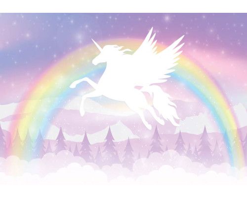 Fotobehang met een Pegasus en eenhoorn die tussen wolken en sterren zweven, wat een magische sfeer creëert.