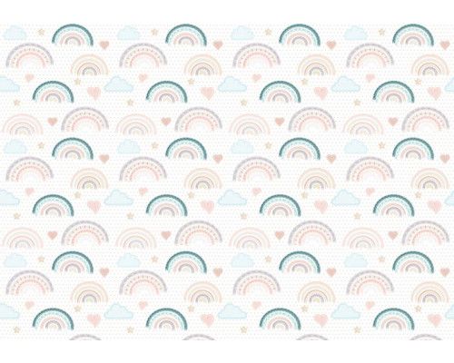 Regenboog fotobehang in zachte pastelkleuren, perfect voor een vrolijke en kleurrijke ruimte.