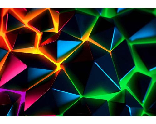 Fotobehang met digitale kristallen die oplichten in regenboogkleuren zoals rood, blauw, groen en geel.