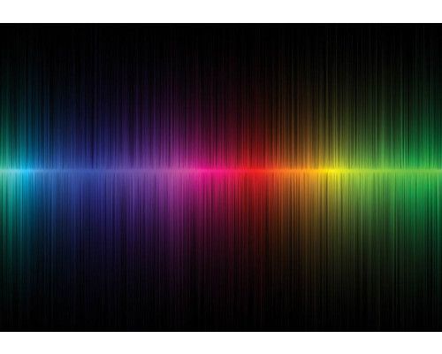 Fotobehang van een regenboogstraal die muziek en grafische vormen combineert, kleurrijke abstracte kunst.