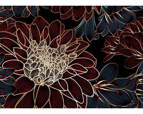 Een fotobehang met een rijke compositie, waarin een grote bordeauxrode bloem met subtiele gouden accenten zorgt voor een luxueuze en weelderige uitstraling.