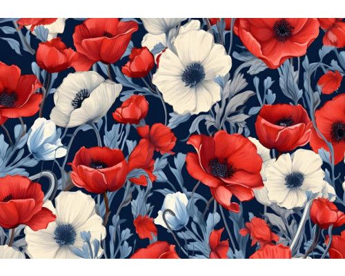 Rood-witte bloemen, waaronder grote klaprozen, zijn levendig afgebeeld op dit kleurrijke fotobehang.