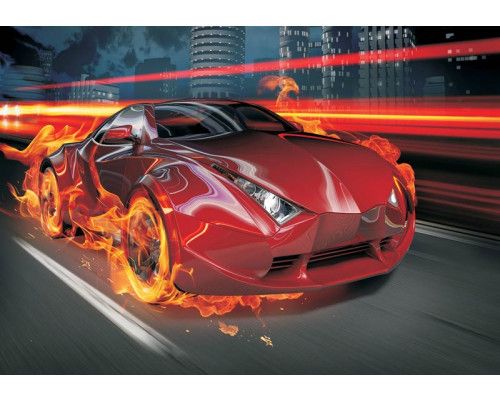 Fotobehang van een rode raceauto met vlammen, geschikt voor kinderkamers.