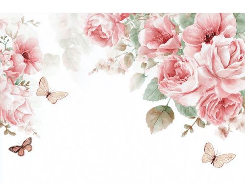 Fotobehang roze bloemen met vlinders op een lichte achtergrond met zachte groene bladeren.