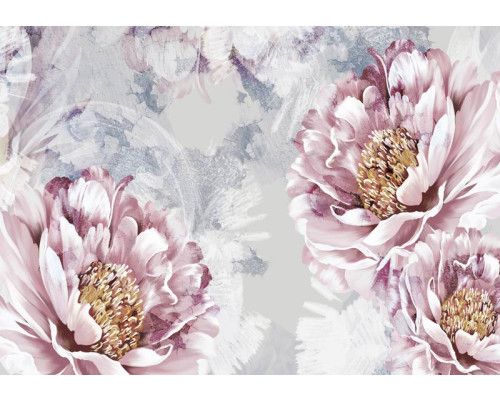 Fotobehang van roze bloemen op een achtergrond van beton, met een moderne en kunstzinnige uitstraling.