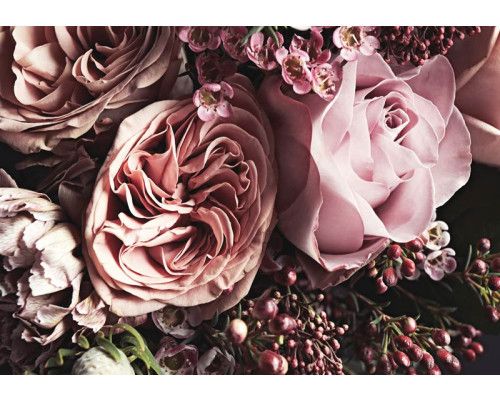 Fotobehang van een roze bloemenboeket met rozen en pioenrozen in levendige kleuren.