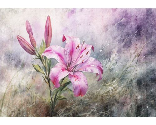 Fotobehang van roze lelies, weergegeven in een levendige bloemencompositie.