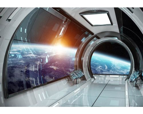 3D weergave van een ruimtestation met planeten en sterren op dit futuristische ruimte fotobehang.