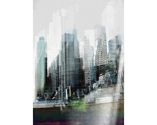 De skyline van een drukke stad, weergegeven in een abstract kunstwerk, perfect voor liefhebbers van moderne architectuur.