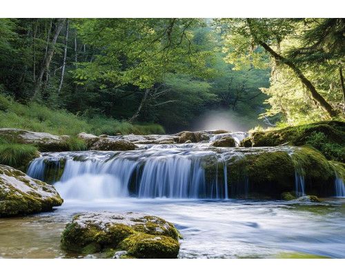 Fotobehang met rustgevende waterval en groen bos in zachte lichtinval.