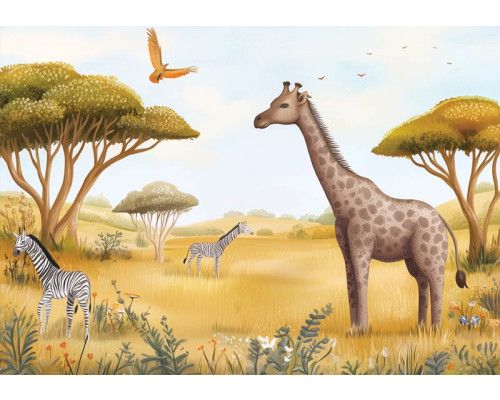 Fotobehang safari dieren avontuur met giraffe, zebra’s en savannelandschap in getekende stijl.