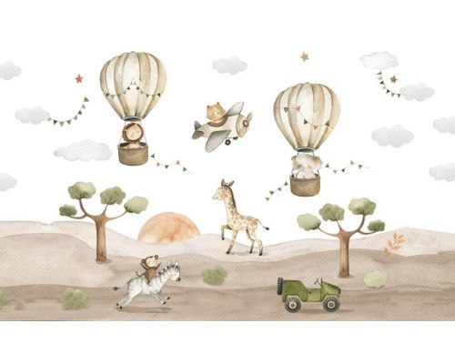 Fotobehang met een leeuw en olifant in een luchtballon tussen wolken en slingers, met zebra, aap en giraffe op de savanne bij zonsondergang.