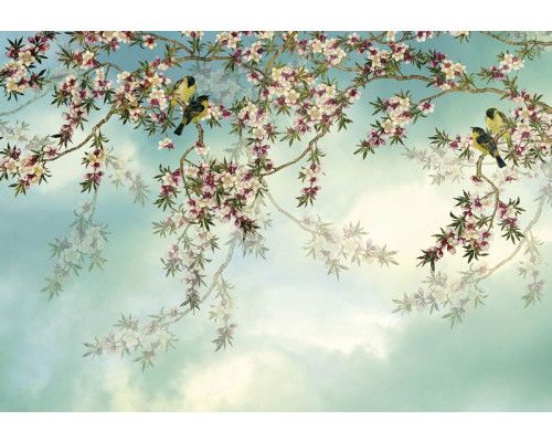 Sakura bloemen aan bomen, weergegeven in een abstract kunstwerk, creëren een serene en natuurlijke sfeer in dit fotobehang.