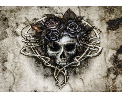 Fotobehang van Sarah's Lament met skulls en zwarte rozen, alchemie thema.