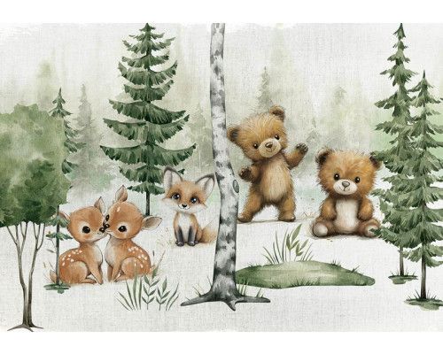 Fotobehang met tropische bladeren in groene tinten tegen een lichte achtergrond.