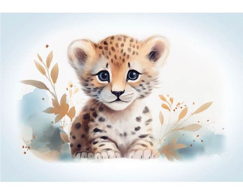 Fotobehang van een schattige kleine leeuw, een baby welp in een speelse omgeving.