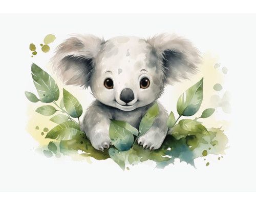 Fotobehang van een schattige koala, geschikt voor een kinderkamer met natuurelementen.