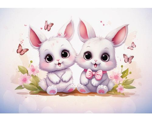Fotobehang van schattige konijntjes met vlinders, ideaal voor kinderkamers.