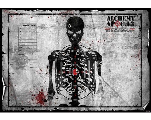 Fotobehang van een schietkaart met een skelet en alchemie thema, robuust en gedetailleerd.