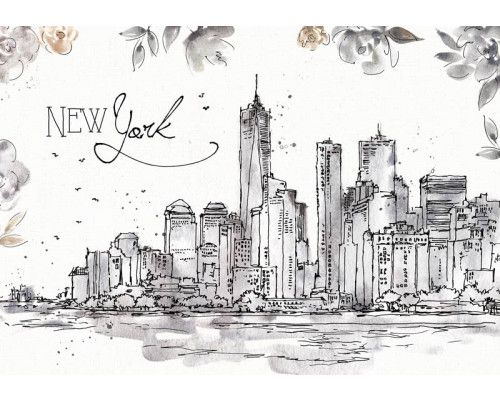 Fotobehang met een schilderachtige weergave van New York, inclusief iconische wolkenkrabbers en een sfeervolle skyline.