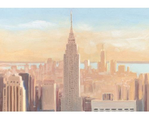 Fotobehang met een schilderachtige weergave van de Empire State Building in New York in roze en pastelkleuren.